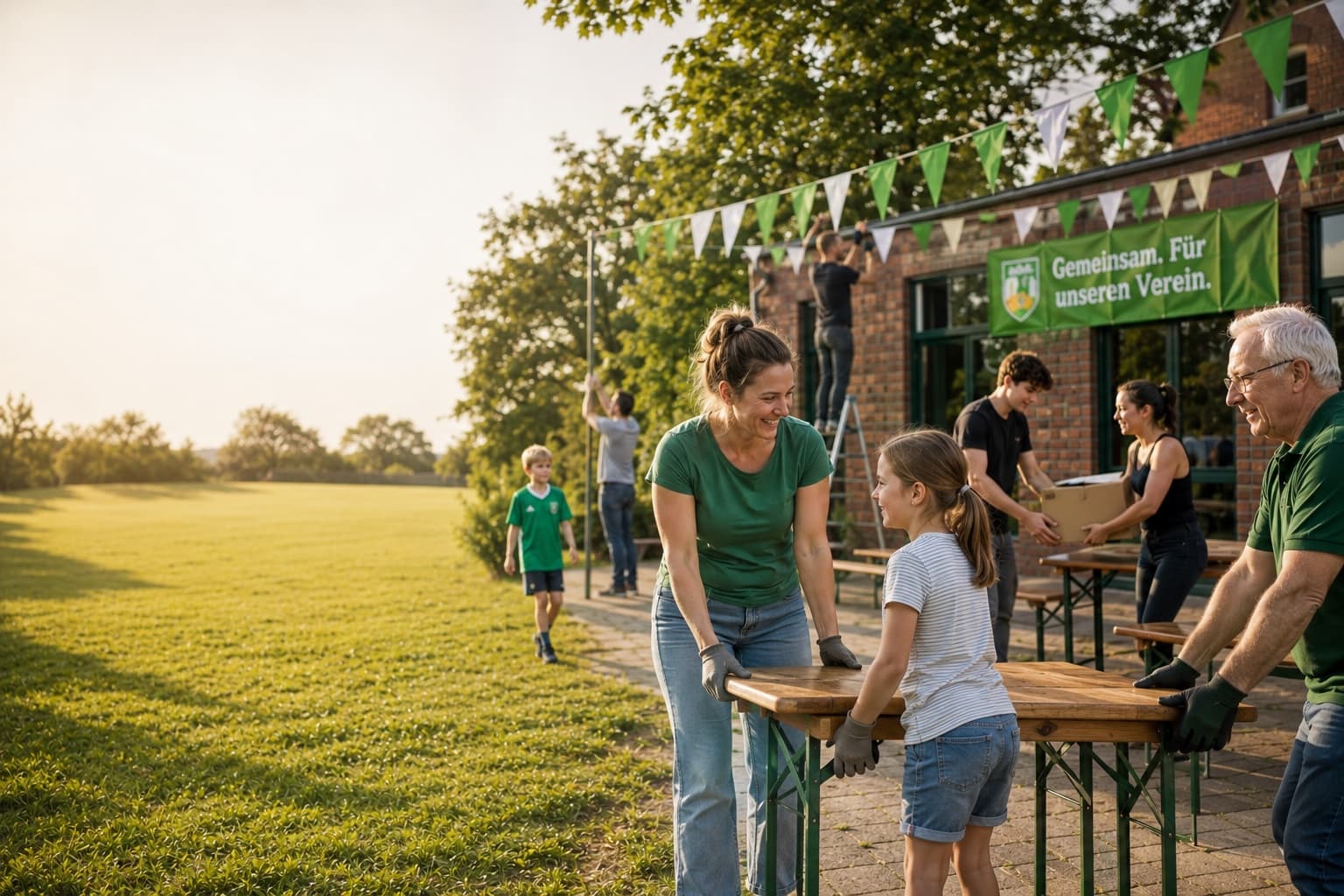 Vereinsmitglieder verschiedener Generationen tragen beim Aufbau eines Sommerfests gemeinsam Bierzeltgarnituren zum Vereinsheim.